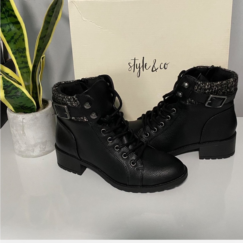 Style & Co. Black Combat Boots with Knit‎ Cuff